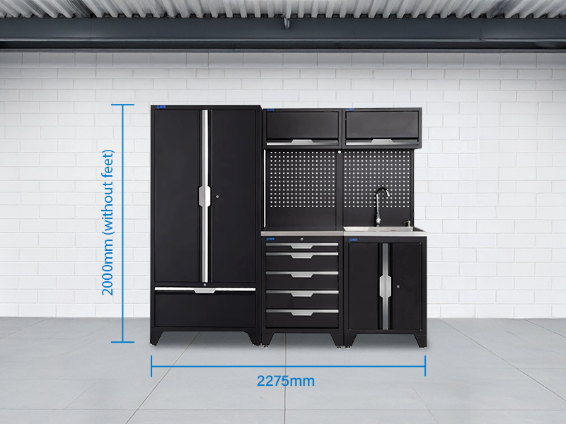 SGS 7pc Garage Storage System | 5 Drawers | Stainless Steel Worktop | Sink Unit | 2x Upper Cabinets | Tall Double Cabinet | Tall Double Cabinet with Drawer