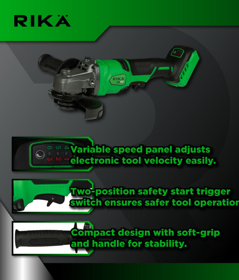 Rikä RK40 40V 125mm (5in) Cordless Braking Angle Grinder | Brushless Motor | Body Only