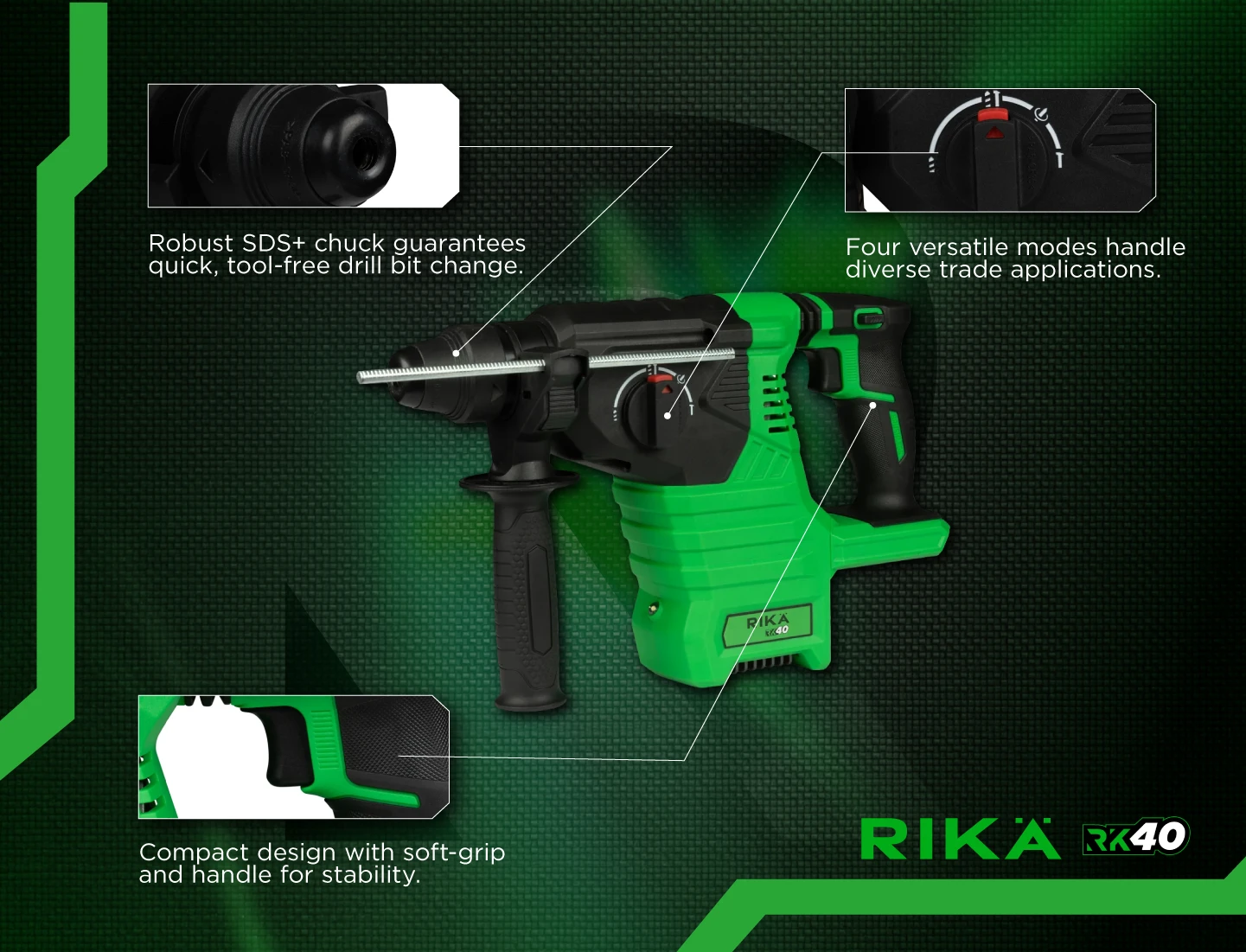 Rikä RK40 40V Cordless SDS-Plus Rotary Hammer Drill | 2.4 J Impact Energy | Brushless Motor | Body Only