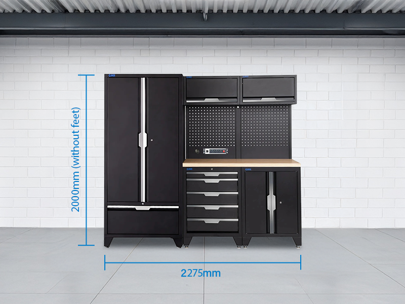 SGS 7pc Garage Storage System | 5 Drawers | Pressed Wood Worktop | Tall Double Cabinet with Drawer | Pegboard with Power Strip