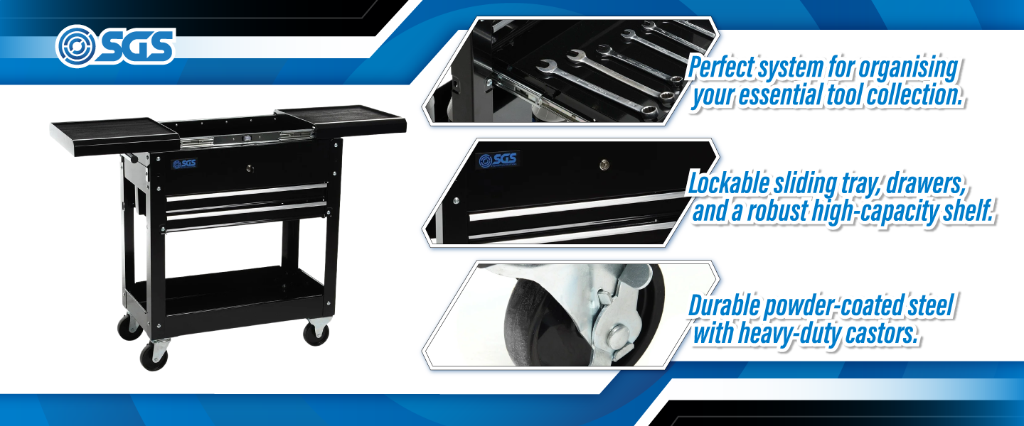 SGS 30in Tool Trolley Cart and Workstation | 2 Drawers | Sliding Top Trays | Black