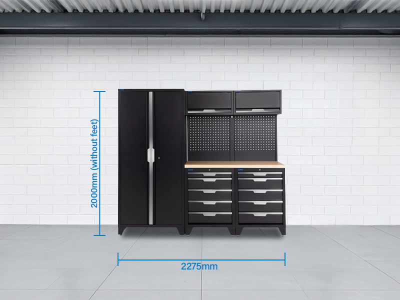 SGS 7pc Garage Storage System | 10 Drawers | Pressed Wood Worktop | 2x Upper Cabinets | Tall Double Cabinet