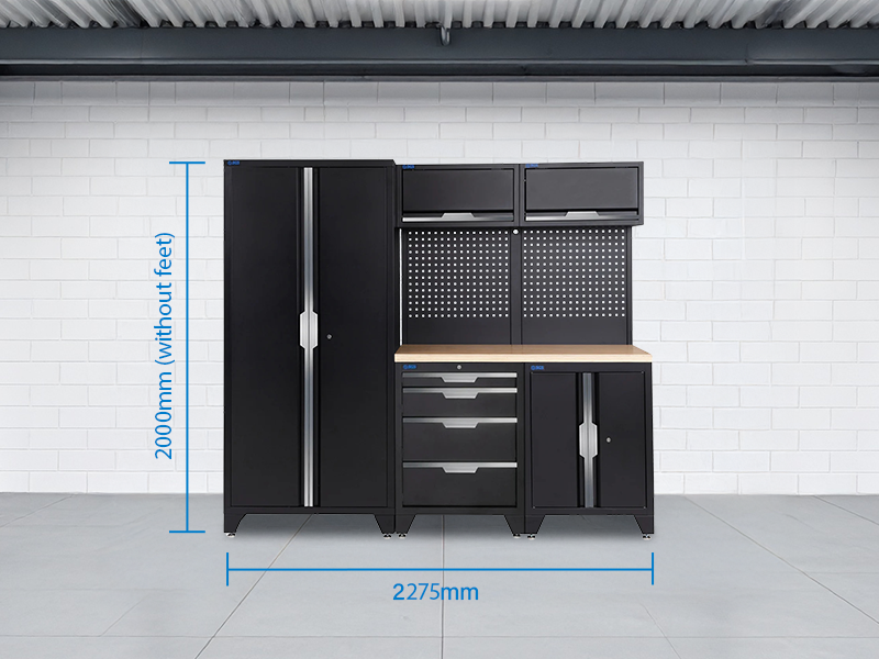 SGS 7pc Garage Storage System | 4 Drawers | Pressed Wood Worktop | Floor Cabinet | 2x Upper Cabinets | Tall Double Cabinet