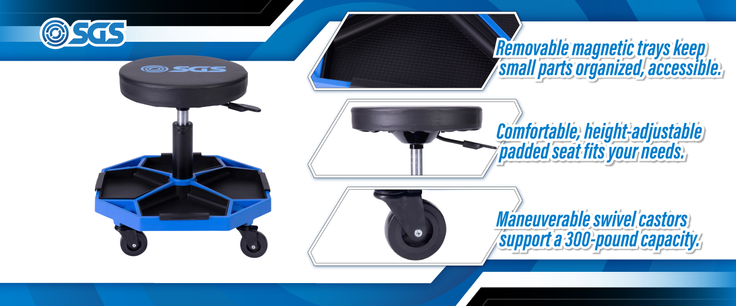 SGS Adjustable Rolling Tool Seat | Detachable Magnetic Trays
