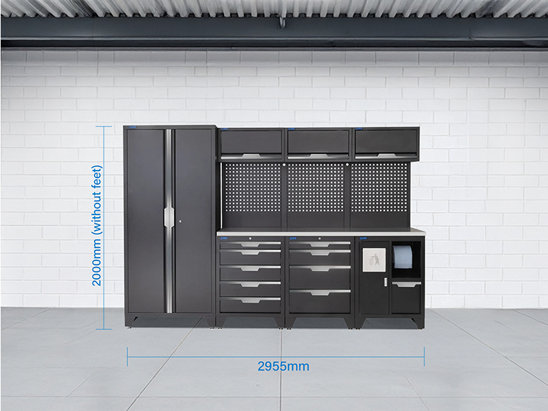SGS 10pc Garage Storage System | 9 Drawers | Stainless Steel Worktop | Tall Double Cabinet | Bin Unit | 3x Upper Cabinets
