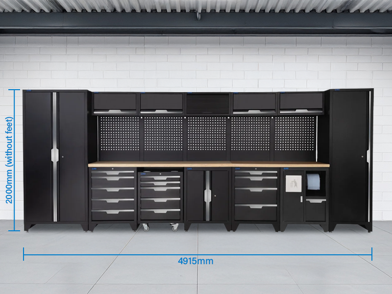 SGS 17pc Garage Storage System | 14 Drawers | Pressed Wood Worktop | Tall Single & Double Cabinets| Bin Unit | Mobile Tool Cabinet | Floor Cabinet | 5x Upper Cabinets