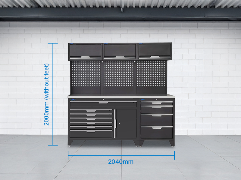 SGS 9pc Garage Storage System | 11 Drawers | Stainless Steel Triple Worktop | 3x Lift‑Up Wall Cabinets