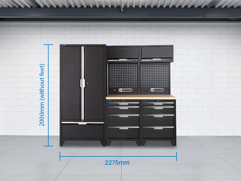 SGS 7pc Garage Storage System | 8 Drawers | Pressed Wood Worktop | 2x Upper Cabinets | Tall Double Cabinet | Pegboards with Power Strip