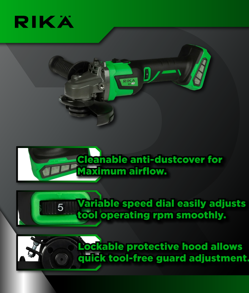 Rikä RK40 40V 115mm (4.5in) Cordless Braking Angle Grinder | Brushless Motor | Body Only