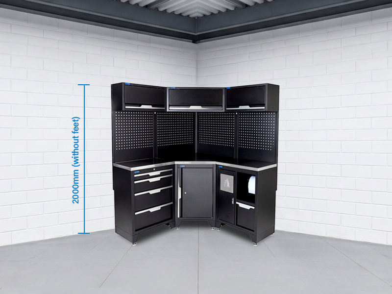 SGS 10pc Corner Garage Storage System | 4 Drawers | Stainless Steel Worktop | Corner Floor Cabinet | Bin Unit | 3x Upper Cabinets