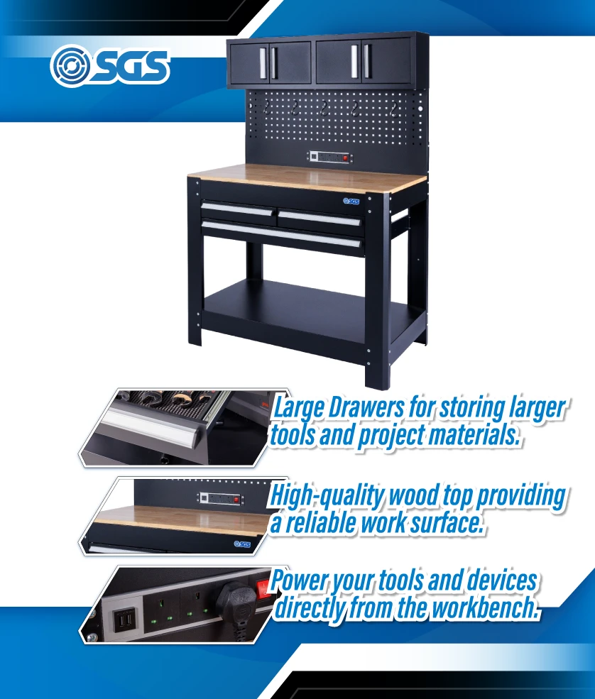SGS 45in Workstation with Top Cabinets | Wooden Worktop | Pegboard | Power Sockets
