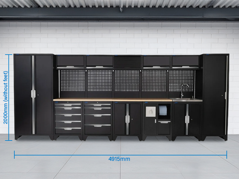 SGS 17pc Garage Storage System | 9 Drawers | Pressed Wood Worktop | Tall Single & Double Cabinets | Bin Unit | Sink Unit | Floor Cabinet | 5x Upper Cabinets