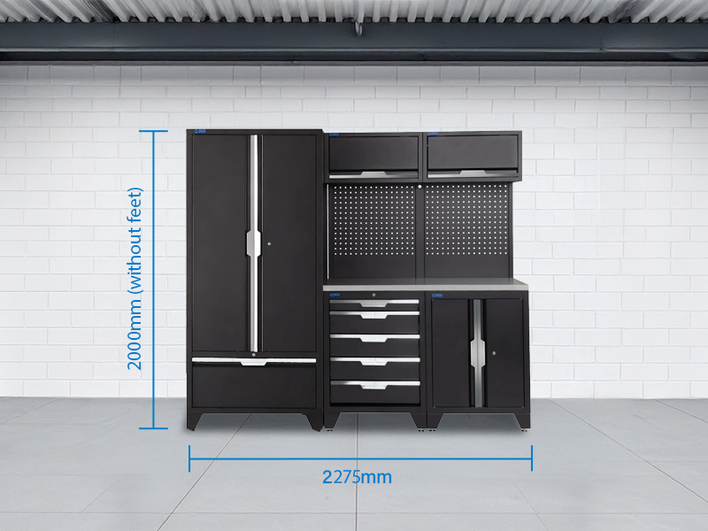 SGS 7pc Garage Storage System | 5 Drawers | Stainless Steel Worktop | Tall Double Cabinet with Drawer | 2x Upper Cabinets