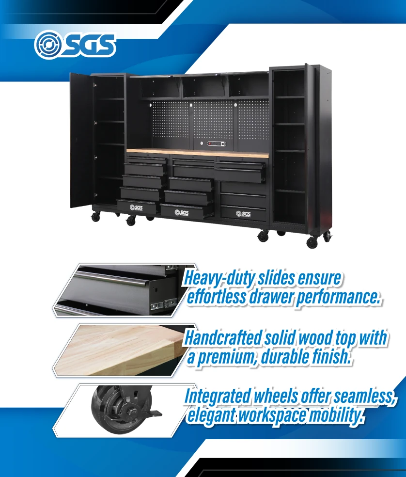 SGS Pro 9pc Heavy Duty Storage System with Wheels | Rubberwood Worktop | Pegboard | Powerstrip