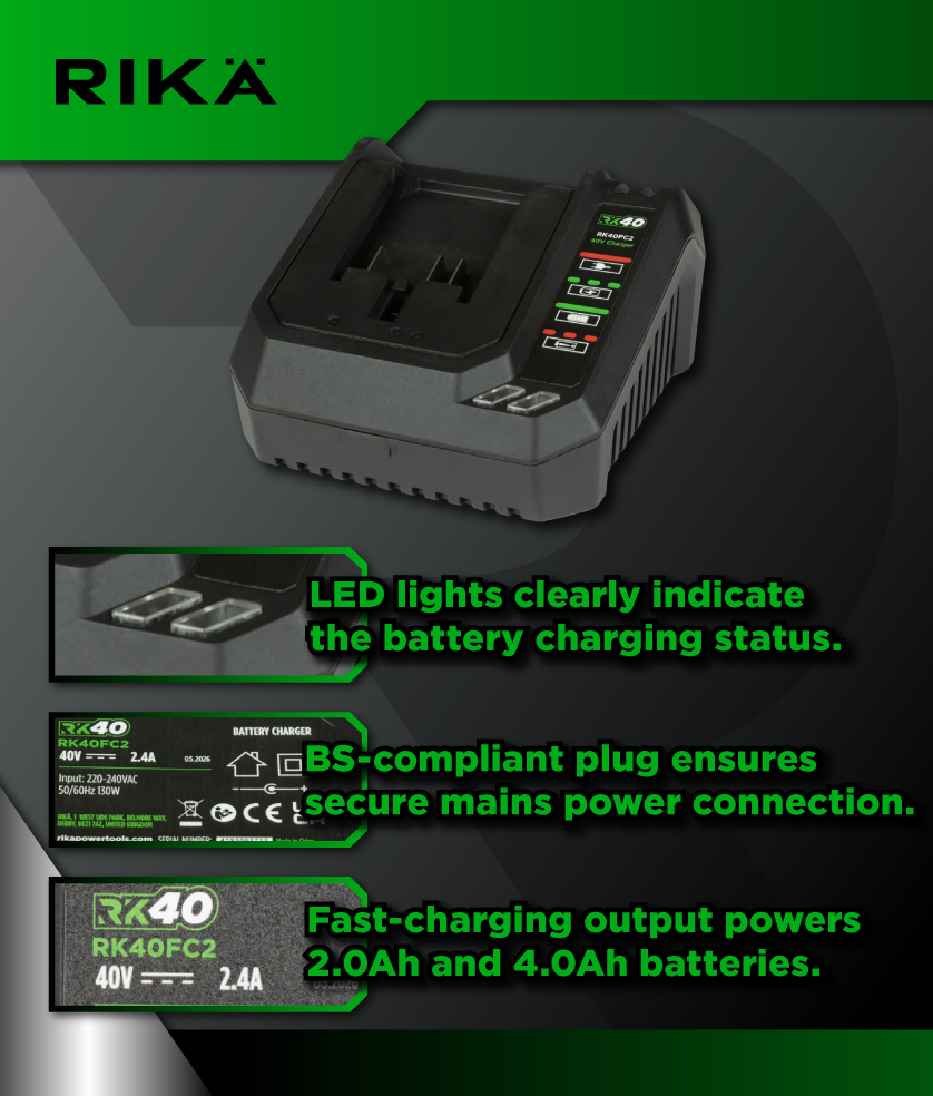 Rikä RK40 40V Single 2.0Ah Battery Fast Charger | 2.4A