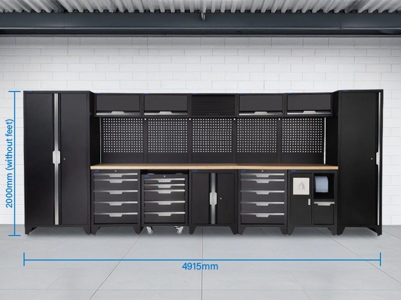 SGS 17pc Garage Storage System | 15 Drawers | Pressed Wood Worktop | Tall Single & Double Cabinets| Bin Unit | Floor Cabinet | 5x Upper Cabinets