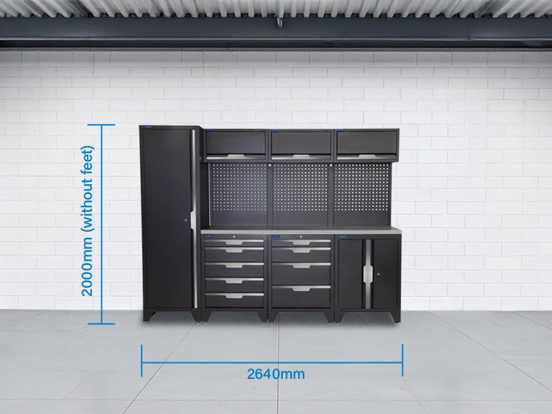 SGS 10pc Garage Storage System | 9 Drawers | Stainless Steel Worktop | Tall Single Cabinet | Floor Cabinet | 3x Upper Cabinets