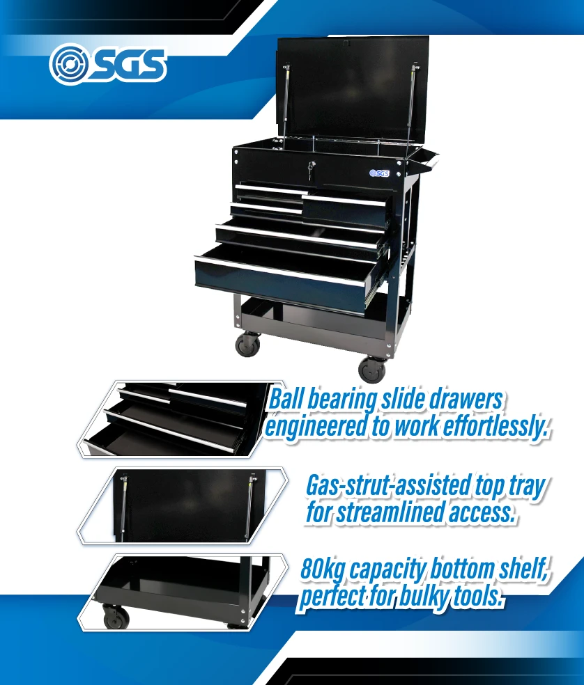 SGS 30in Tool Trolley Cart with Lid | 5 Drawers | Black