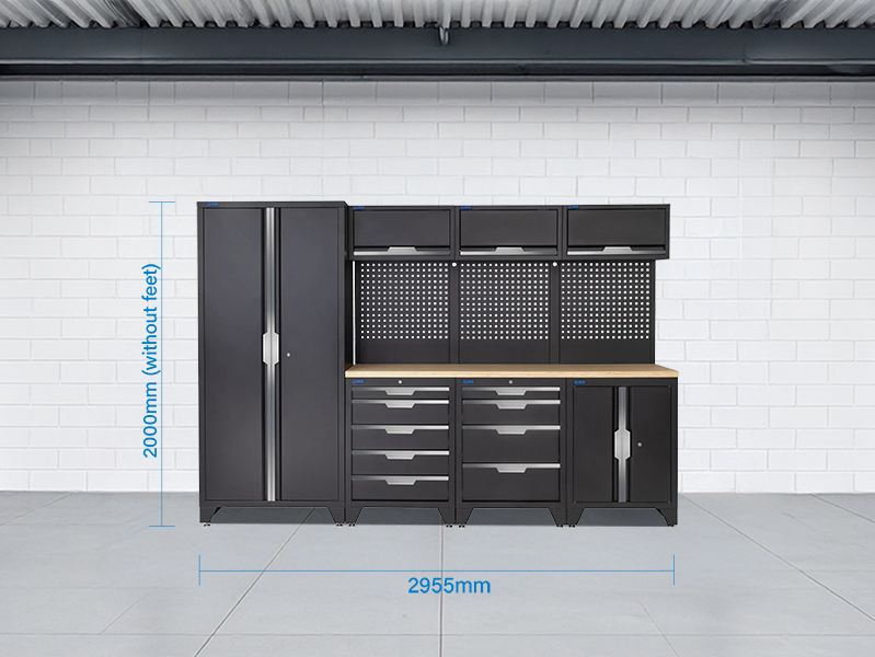 SGS 10pc Garage Storage System | 9 Drawers | Pressed Wood Worktop | Tall Double Cabinet | Floor Cabinet | 3x Upper Cabinets