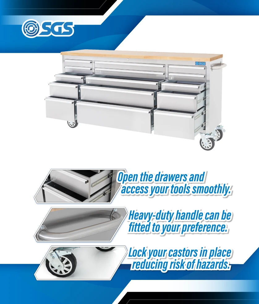 SGS 72in Stainless Steel 15 Drawer Mobile Workbench and Tool Chest