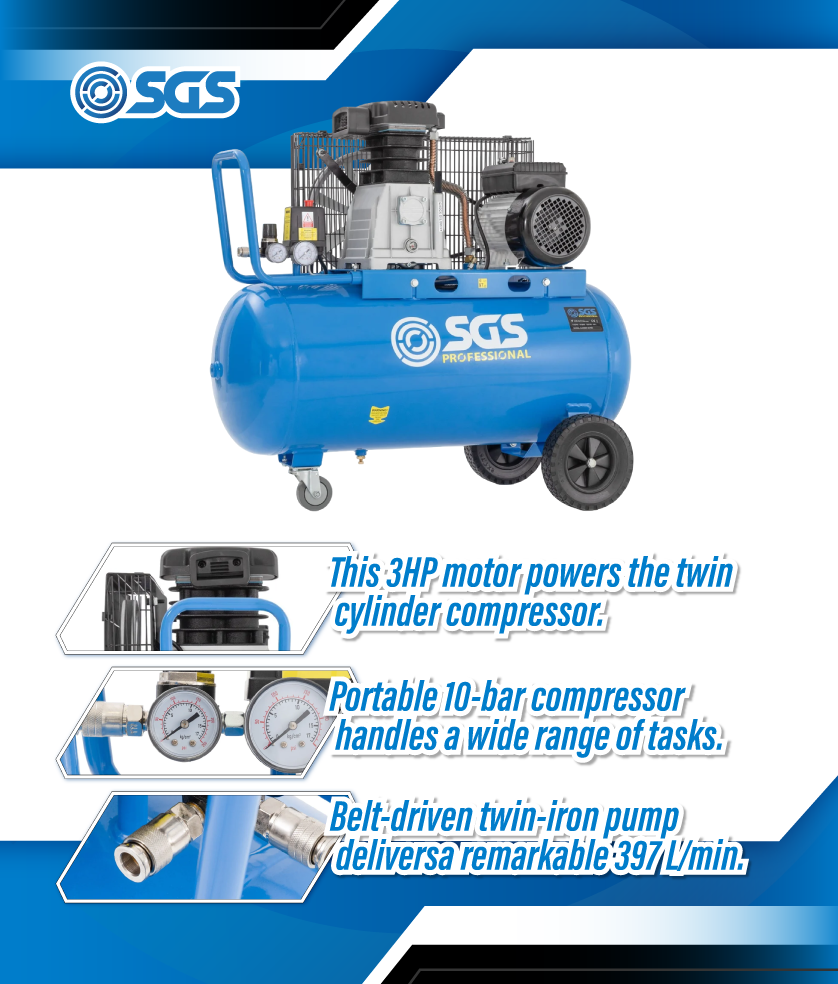 SGS Pro 90 Litre Belt Drive Air Compressor | 14 CFM | 3 HP | 145 PSI | Free Oil