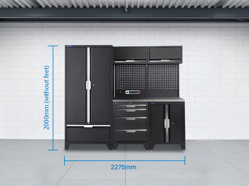 SGS 7pc Garage Storage System | 4 Drawers | Stainless Steel Worktop | Floor Cabinet | 2x Upper Cabinets | Tall Double Cabinet with Drawer | Pegboard with Power Strip