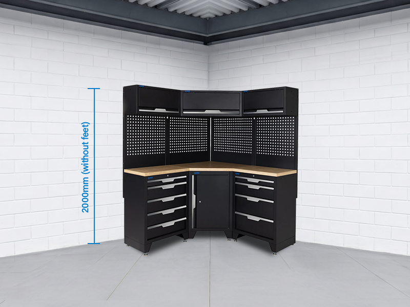 SGS 10pc Corner Garage Storage System | 9 Drawers | Pressed Wood Worktop | Corner Floor Cabinet | 3x Upper Cabinets