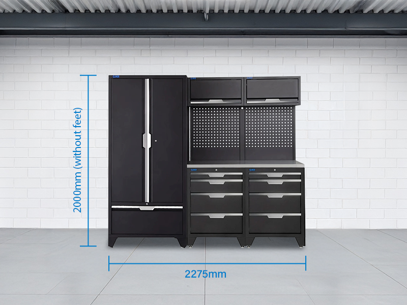 SGS 7pc Garage Storage System | 8 Drawers | Stainless Steel Worktop | 2x Upper Cabinets | Tall Double Cabinet with Drawer