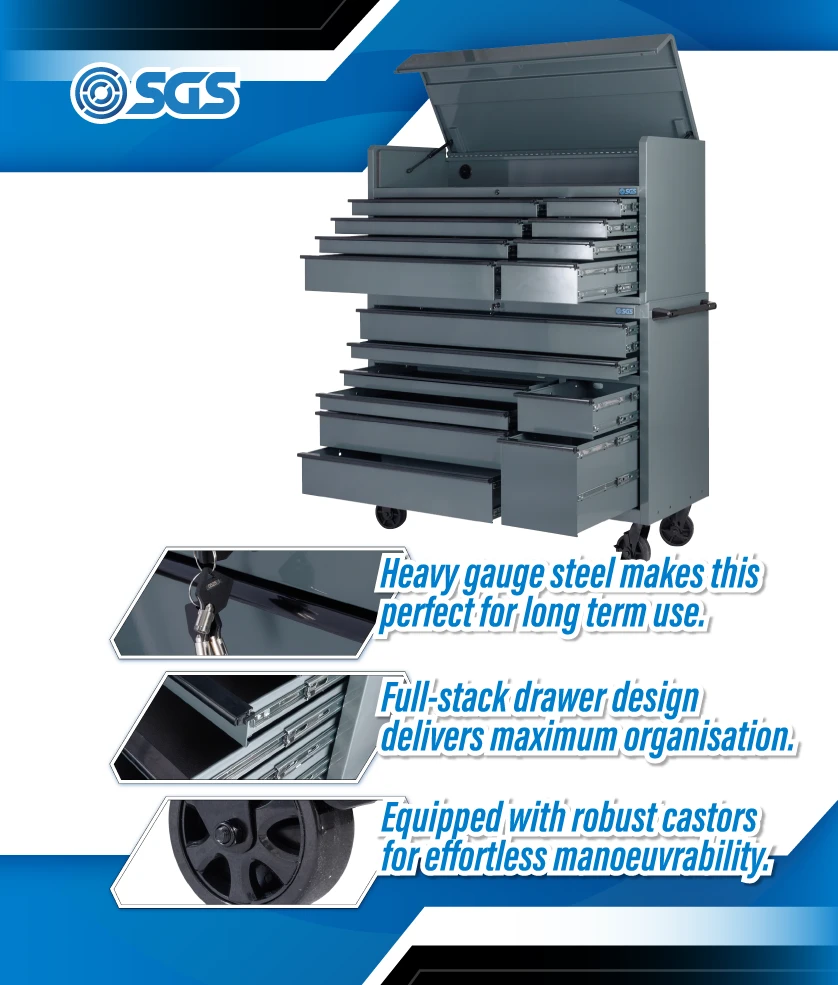 SGS 56in Roller Cabinet and Top Storage Chest | 16 Drawers | Slate Grey