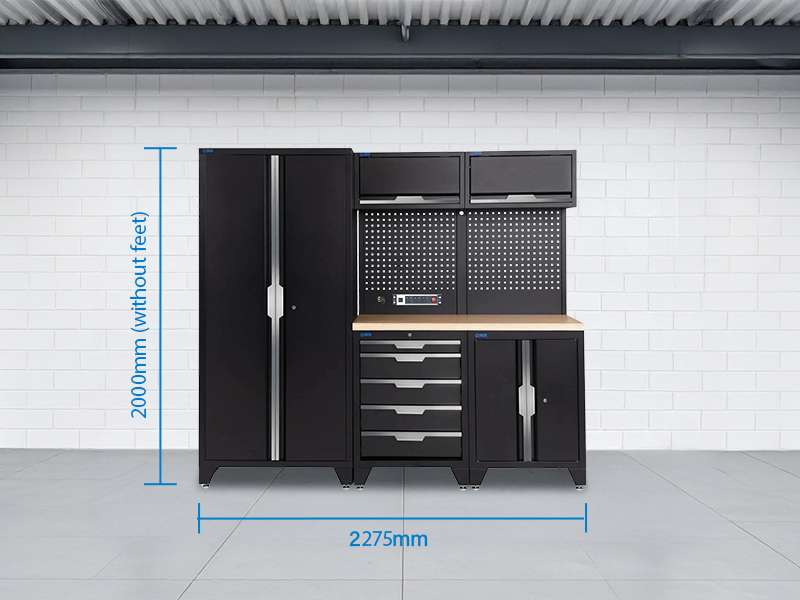 SGS 7pc Modular Garage Storage | 5 Drawers | Plywood Worktop | Tall Double Cabinet | Pegboard with Power Strip