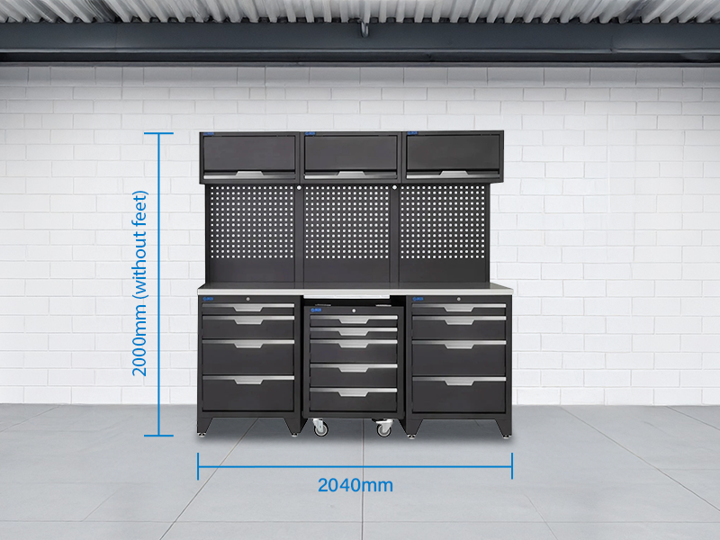 SGS 9pc Garage Storage System | 13 Drawers | Stainless Steel Worktop | Roller Cabinet | 3x Upper Cabinets