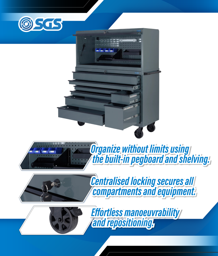 SGS 56in Roller Cabinet with Top Hutch | 8 Drawers | Slate Grey