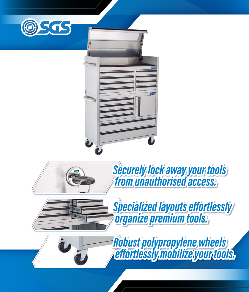 SGS 41in 14-Drawer Stainless Steel Professional Mobile Tool Cabinet