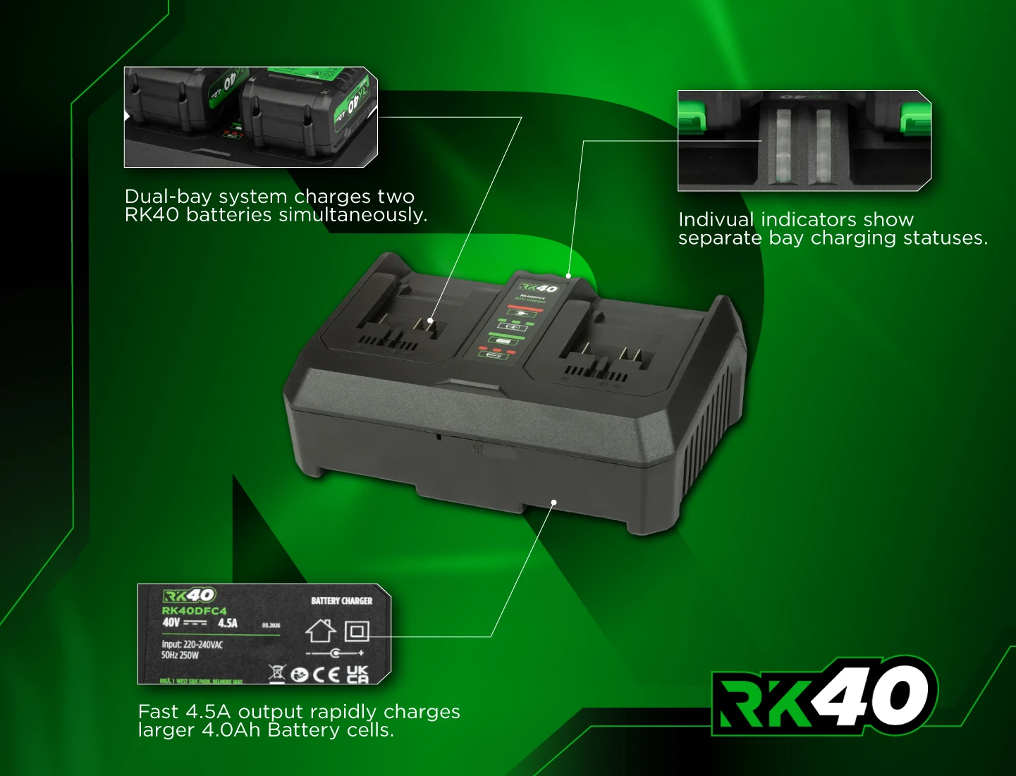Rikä RK40 40V Double 4.0Ah Battery Fast Charger | 4.5A