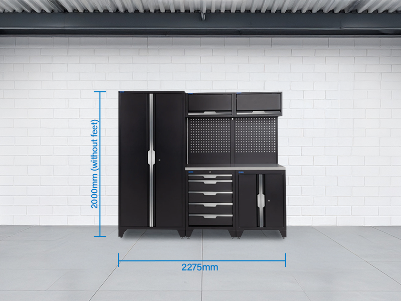 SGS 7pc Garage Storage System | 5 Drawers | Stainless Steel Worktop | Floor Cabinet | 2x Upper Cabinets | Tall Double Cabinet