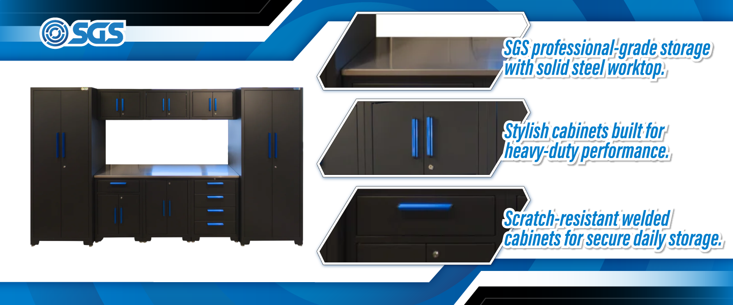 SGS 9pc Garage Storage System | Stainless Steel Worktop | 3x Floor Cabinets | 3x Upper Cabinets | 2x Tall Double Side Cabinets