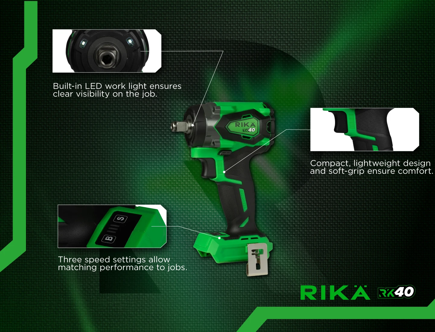 Rikä RK40 40V 1/2in Cordless Compact Impact Wrench | 480Nm Nut-Busting Torque | Friction Ring | Brushless Motor | Body Only