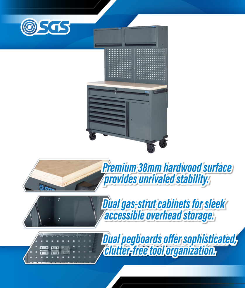 SGS 53in Garage Workstation with Top Cabinets & Pegboard with Accessories | 7 Drawers | Slate Grey