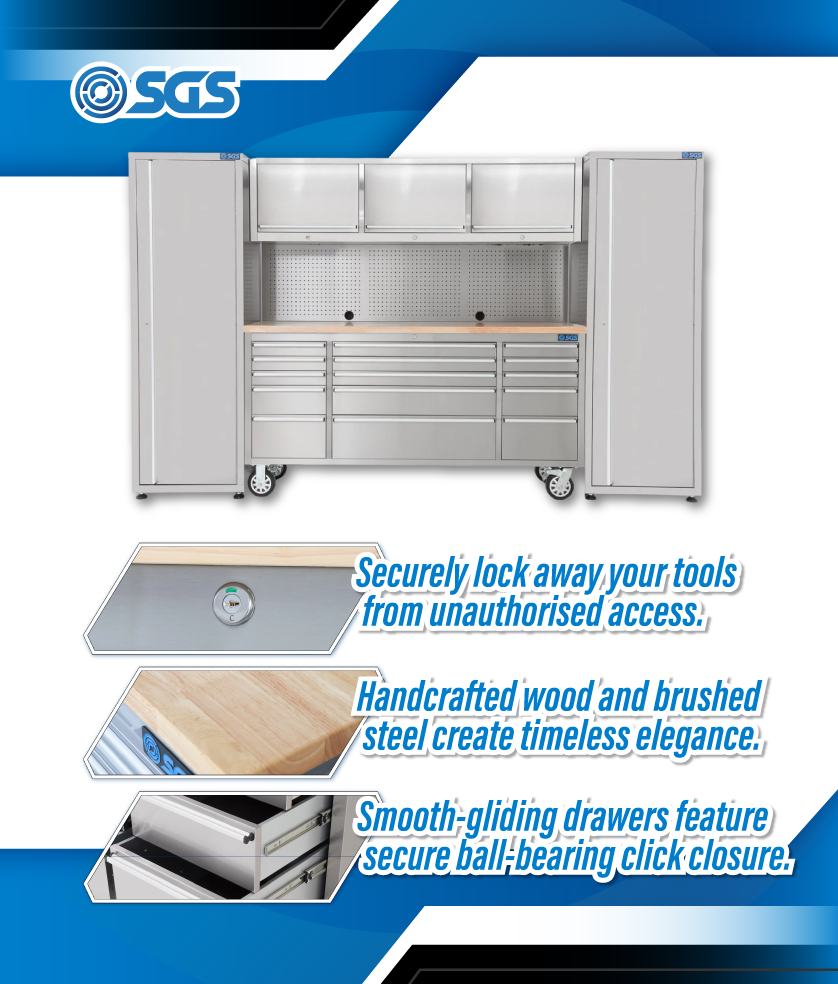 SGS 72in Stainless Steel 15 Drawer Mobile Workbench & Heavy Duty Tool Chest | Pegboard |3x Upper Cabinets | 2x Tall Side Cabinets