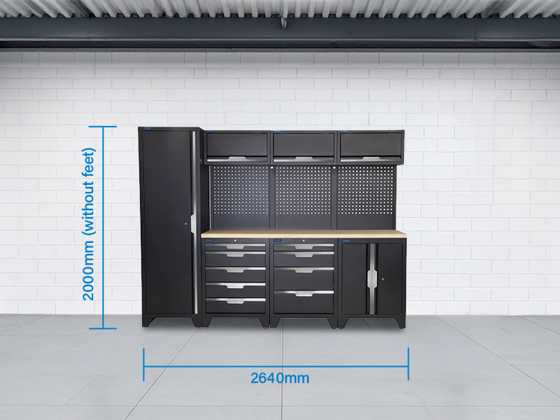 SGS 10pc Garage Storage System | 9 Drawers | Pressed Wood Worktop | Tall Single Cabinet | Floor Cabinet | 3x Upper Cabinets