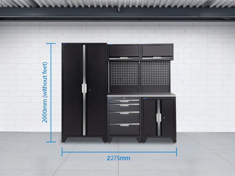 SGS 7pc Garage Storage System | 4 Drawers | Stainless Steel Worktop | Floor Cabinet | 2x Upper Cabinet | Tall Double Cabinet