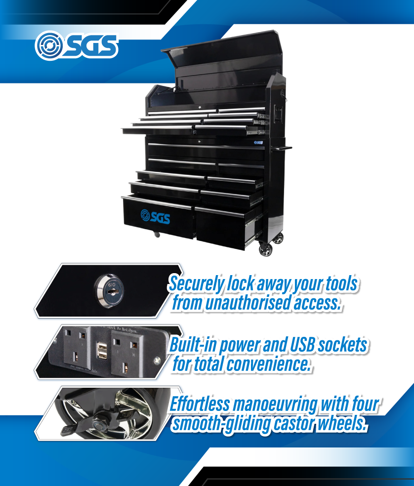 SGS 56in 17 Drawer Tool Chest & Roller Cabinet With Power Sockets