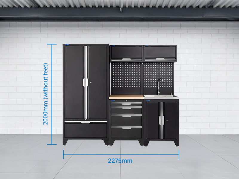 SGS 7pc Garage Storage System | 4 Drawers | Pressed Wood Worktop | Sink Unit | 2x Upper Cabinets | Tall Double Cabinet with Drawer