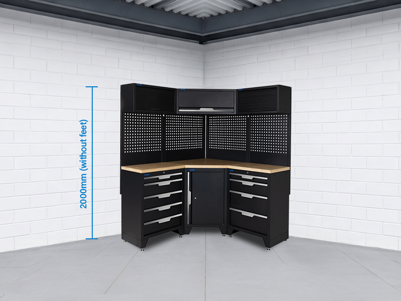 SGS 10pc Corner Garage Storage System | 9 Drawers | Pressed Wood Worktop | Corner Floor Cabinet | 3x Upper Cabinets