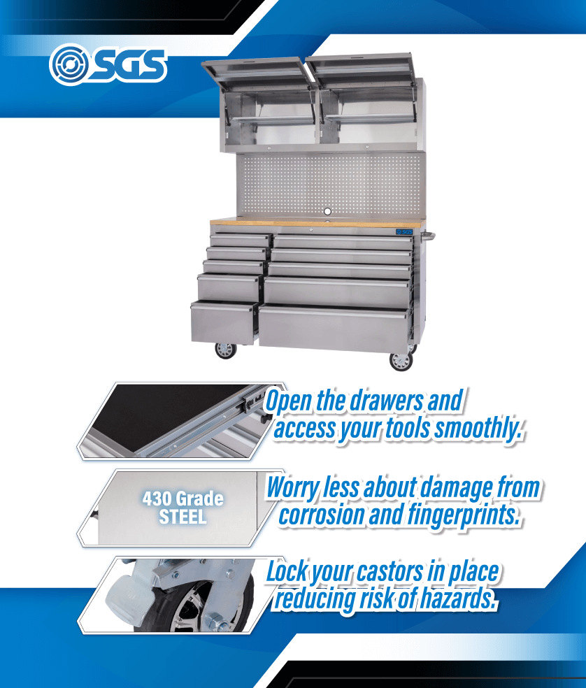 SGS 55in 10 Drawer Stainless Steel Roller Work Bench with Pegboard and Upper Cabinets