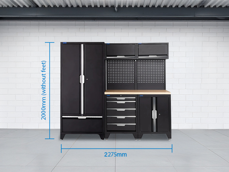 SGS 7pc Garage Storage System | 5 Drawers | Pressed Wood Worktop | Tall Double Cabinet with Drawer