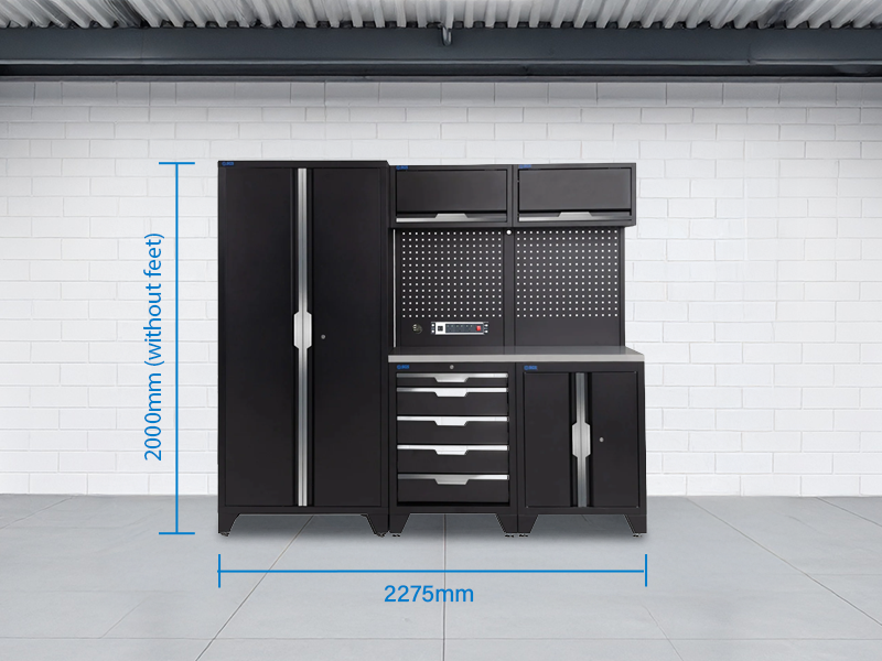 SGS 7pc Garage Storage System | 10 Drawers | Stainless Steel Worktop | 2x Upper Cabinets | Tall Double Cabinet | Pegboard with Power Strip