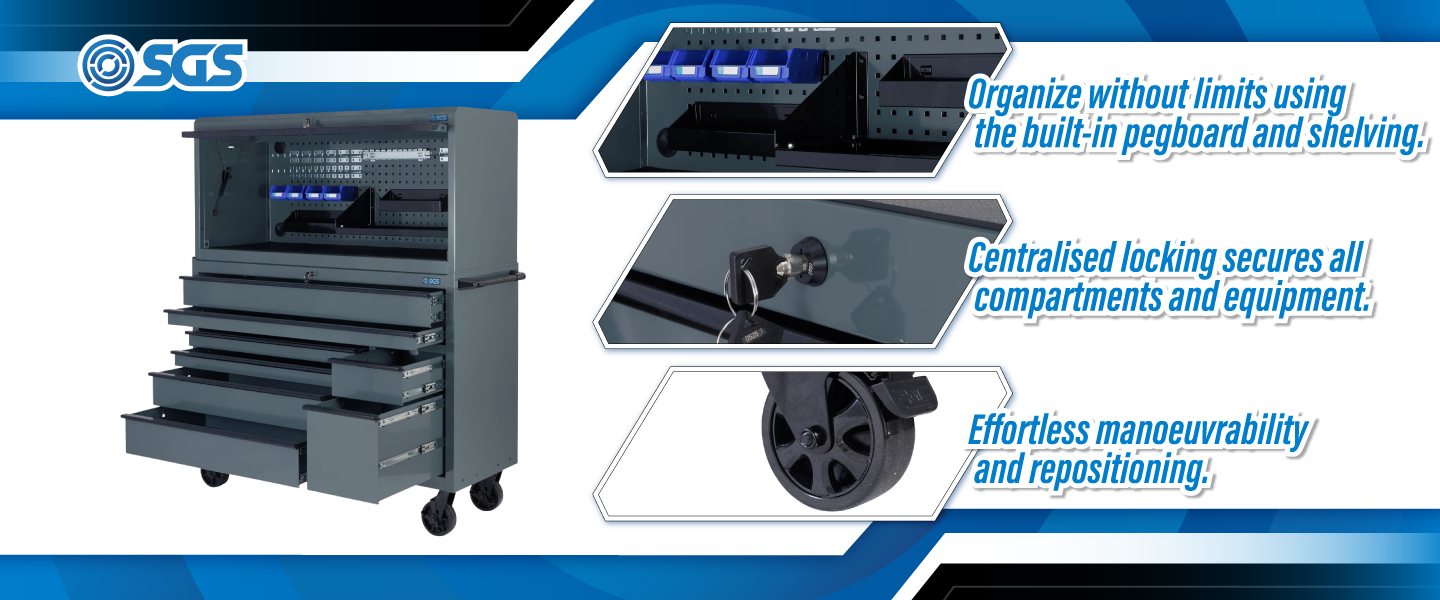 SGS 56in Roller Cabinet with Top Hutch | 8 Drawers | Slate Grey