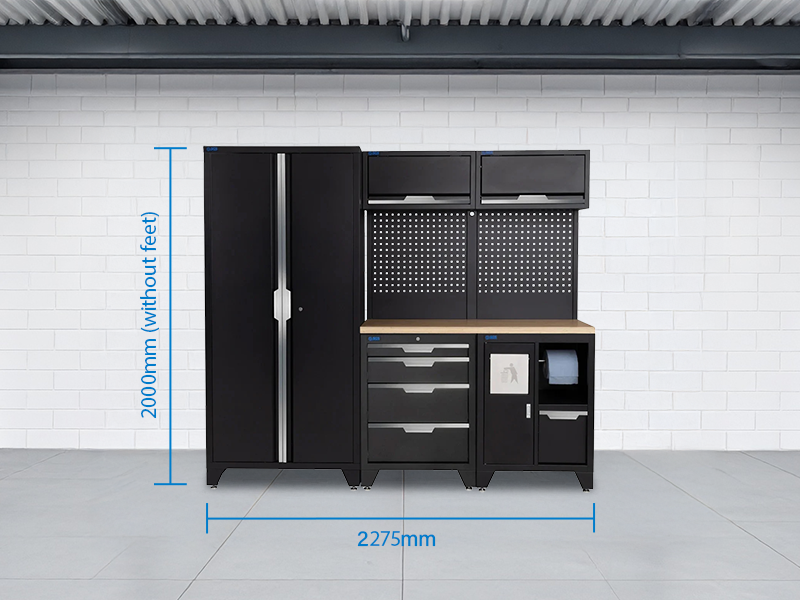 SGS 7pc Garage Storage System | 4 Drawers | Pressed Wood Worktop | Bin Unit | 2x Upper Cabinets | Tall Double Cabinet