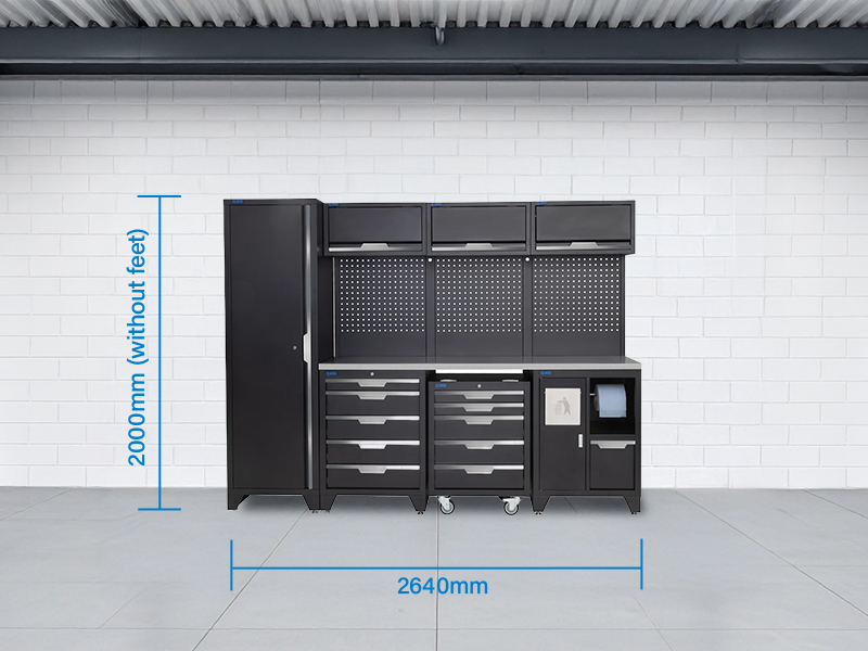 SGS 10pc Garage Storage System  | 10 Drawers | Stainless Steel Worktop | Tall Single Cabinet | Bin Unit | Mobile Tool Cabinet